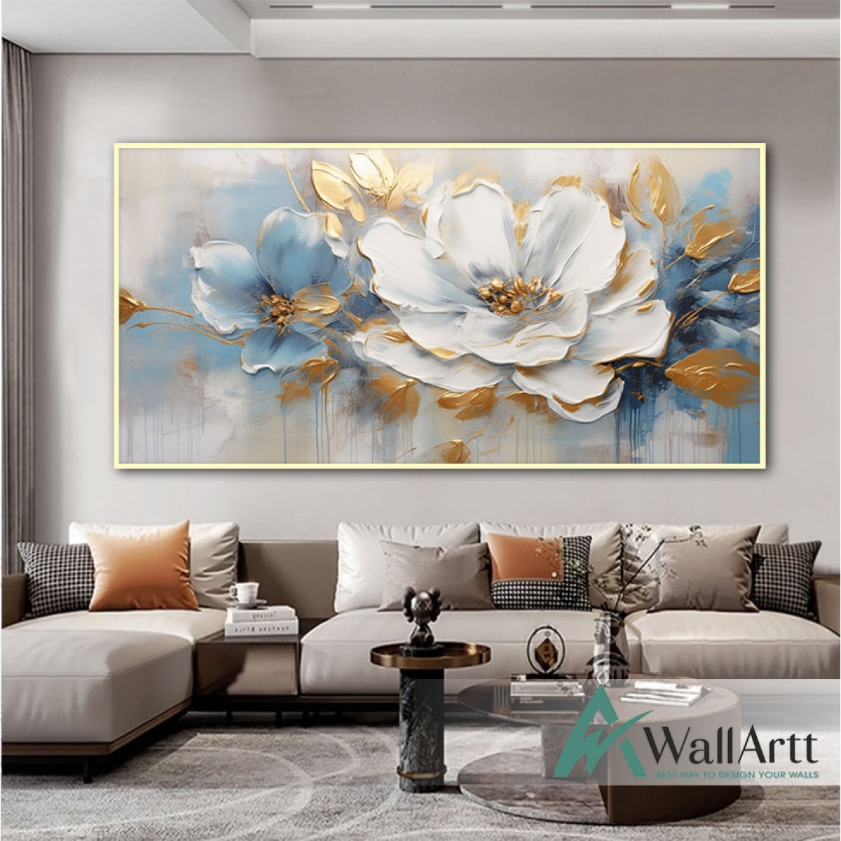 Gold Blue Flower 3d Heavy Textured Partial Oil Painting